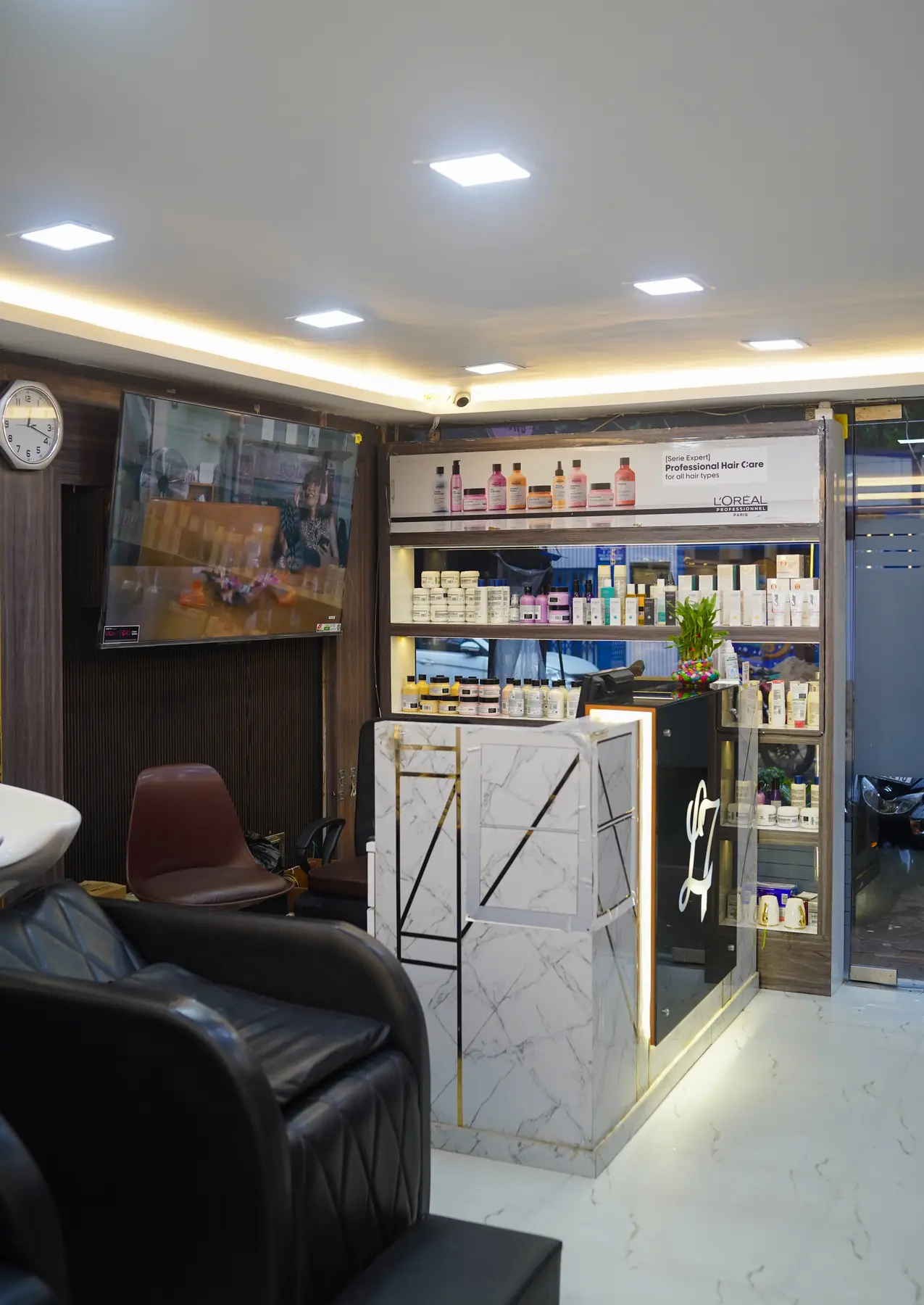 Professional product counter at L7 Salon Kolkata